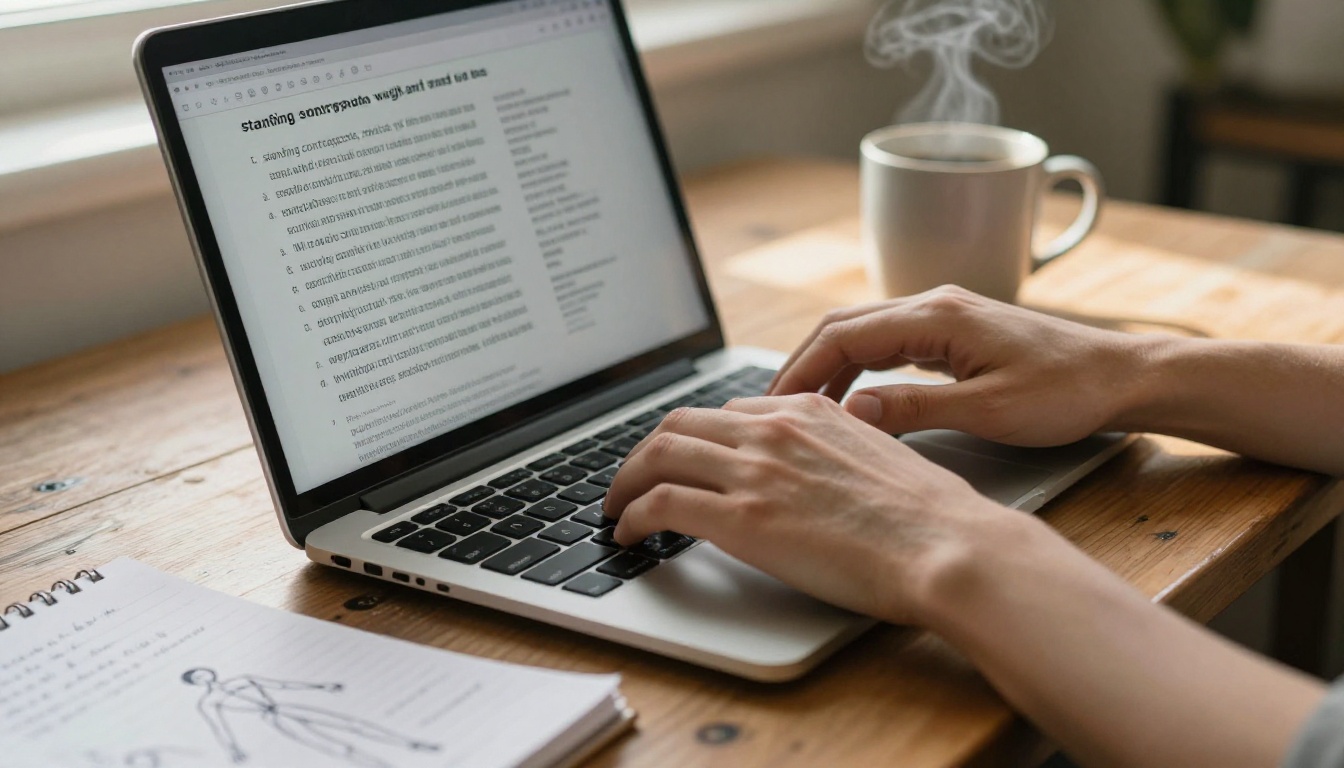Hands typing anatomy-specific pose descriptors on a laptop screen with handwritten notes beside it