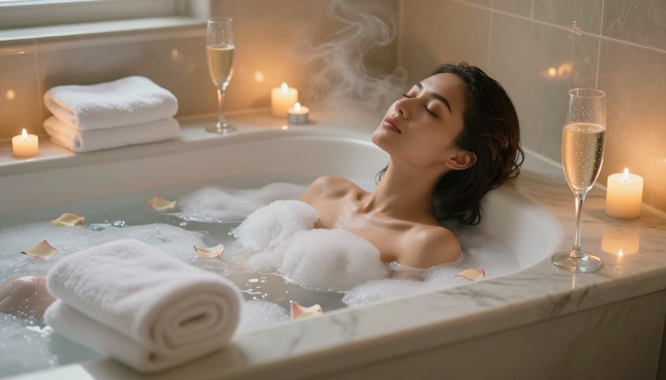 Beautiful woman relaxing in luxurious bubble bath with candles and rose petals