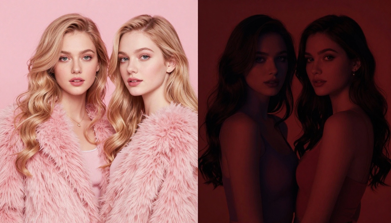 Two-tone aesthetic split showing candy pink versus deep indigo sultry moods with female silhouettes