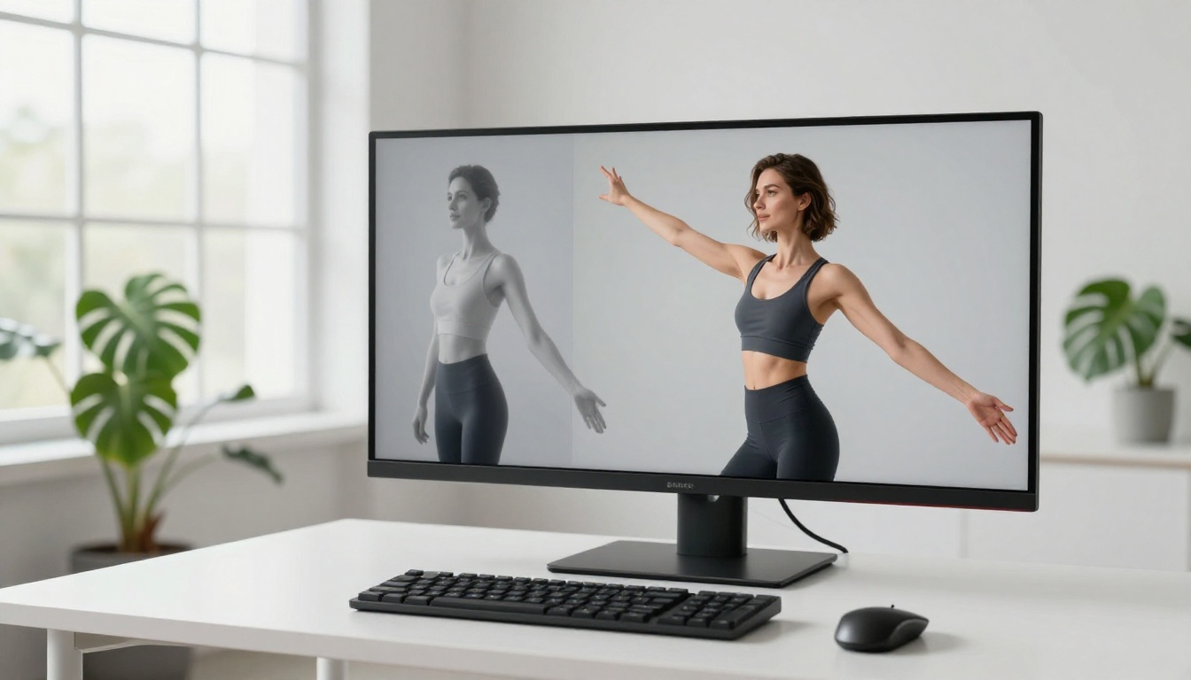 Monitor showing a split-screen comparison of a stiff default AI pose against a natural contrapposto figure