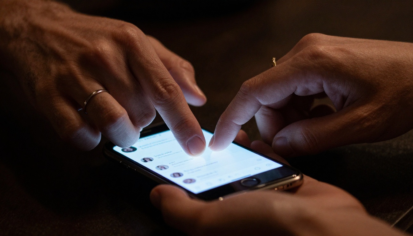 Intimate close-up of two hands nearly touching above a glowing smartphone screen with romantic interface