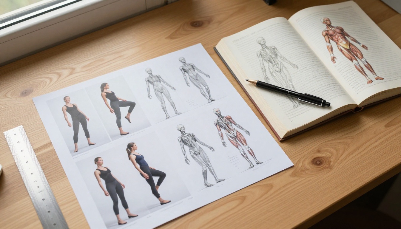 Flat lay aerial view of reference pose photographs, anatomy book, and pencil sketches on a wooden desk