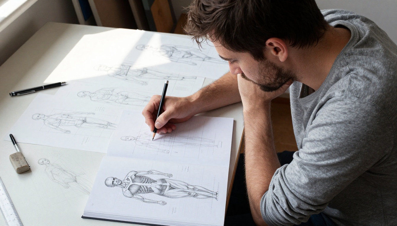 Male artist studying an anatomy reference book at a drafting table covered with figure sketches