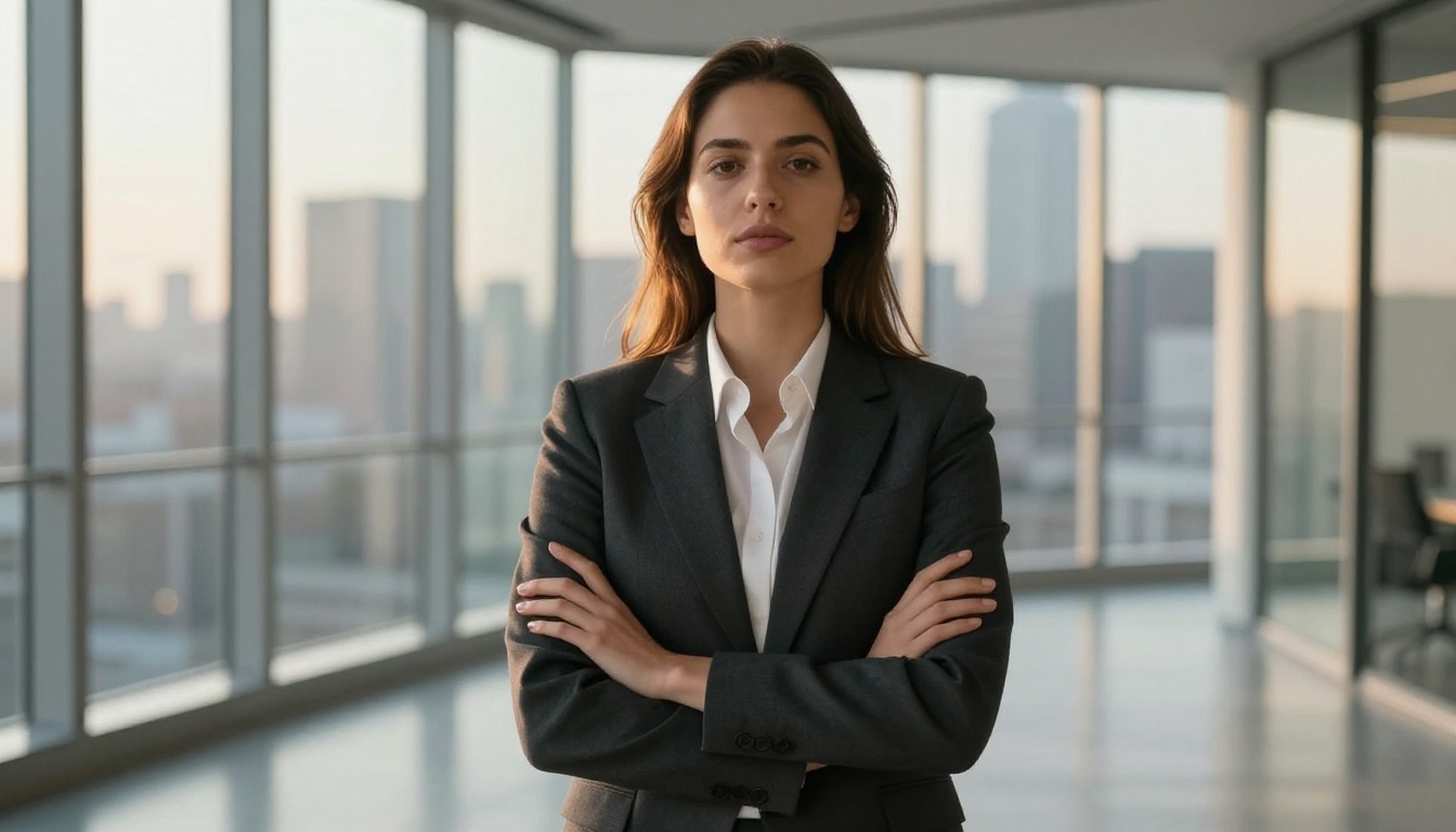 Low-angle upward shot of a confident woman in a power pose photographed from knee height