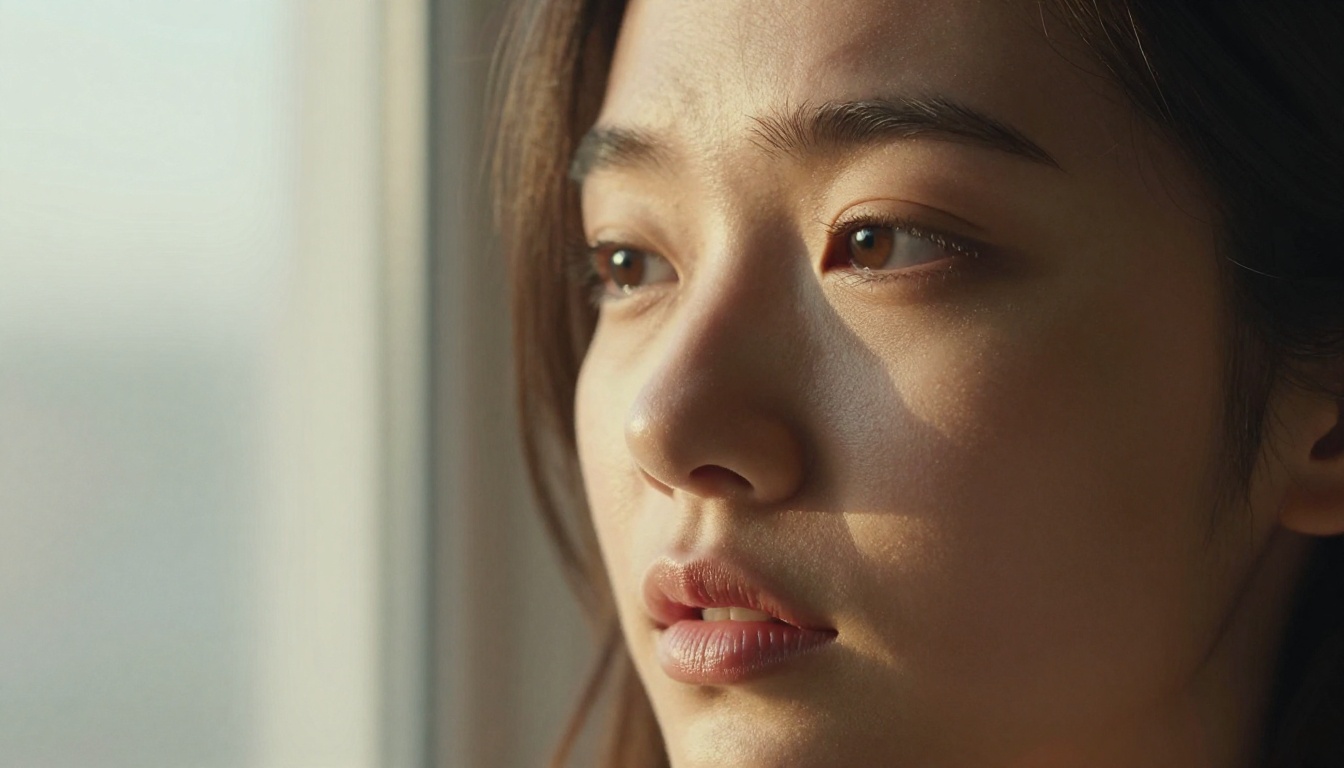 Close-up portrait photograph showing subtle head tilt and expressive contemplative facial posture