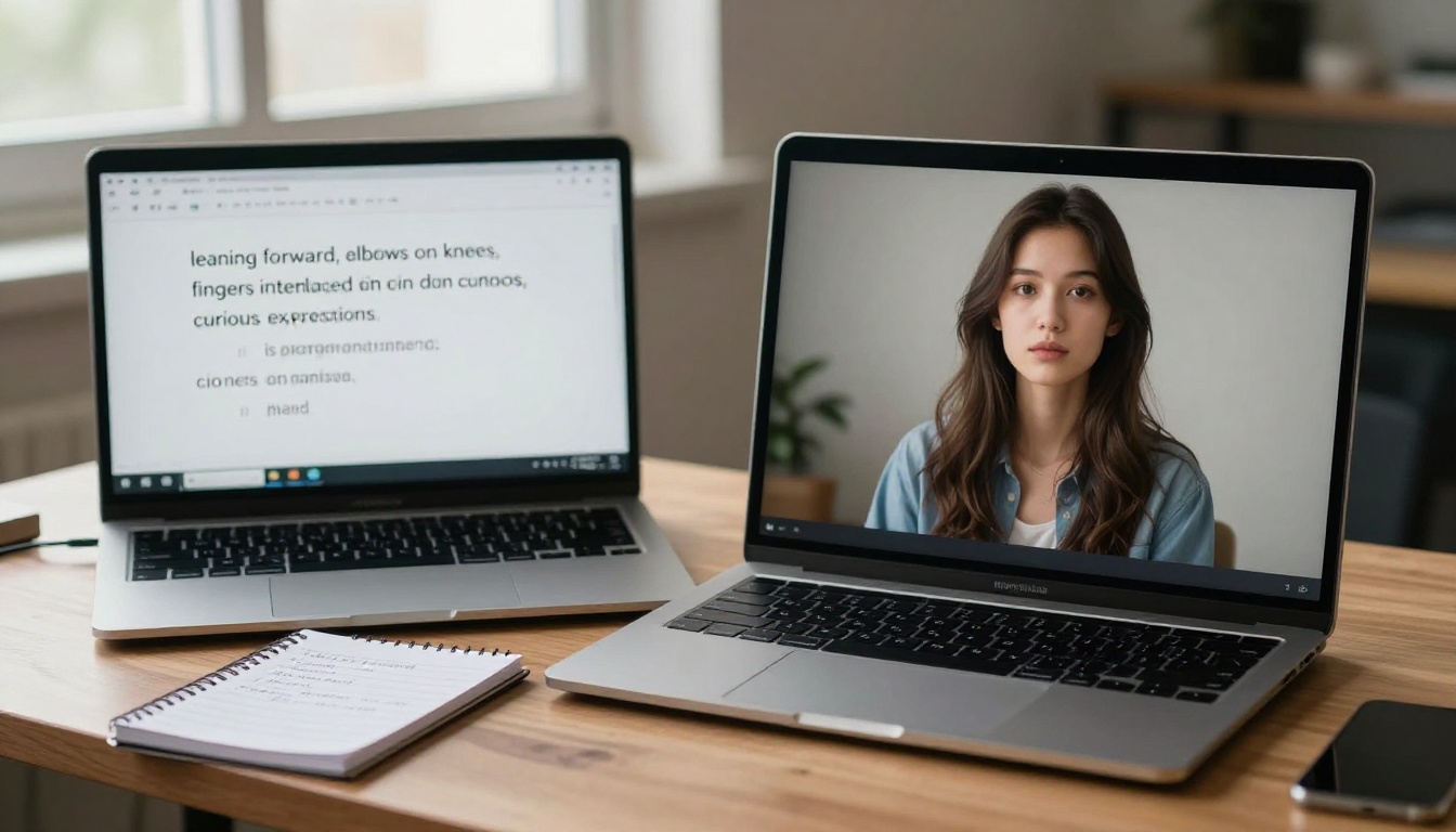 Two laptops side by side: one showing a pose prompt being written, the other showing the resulting AI portrait