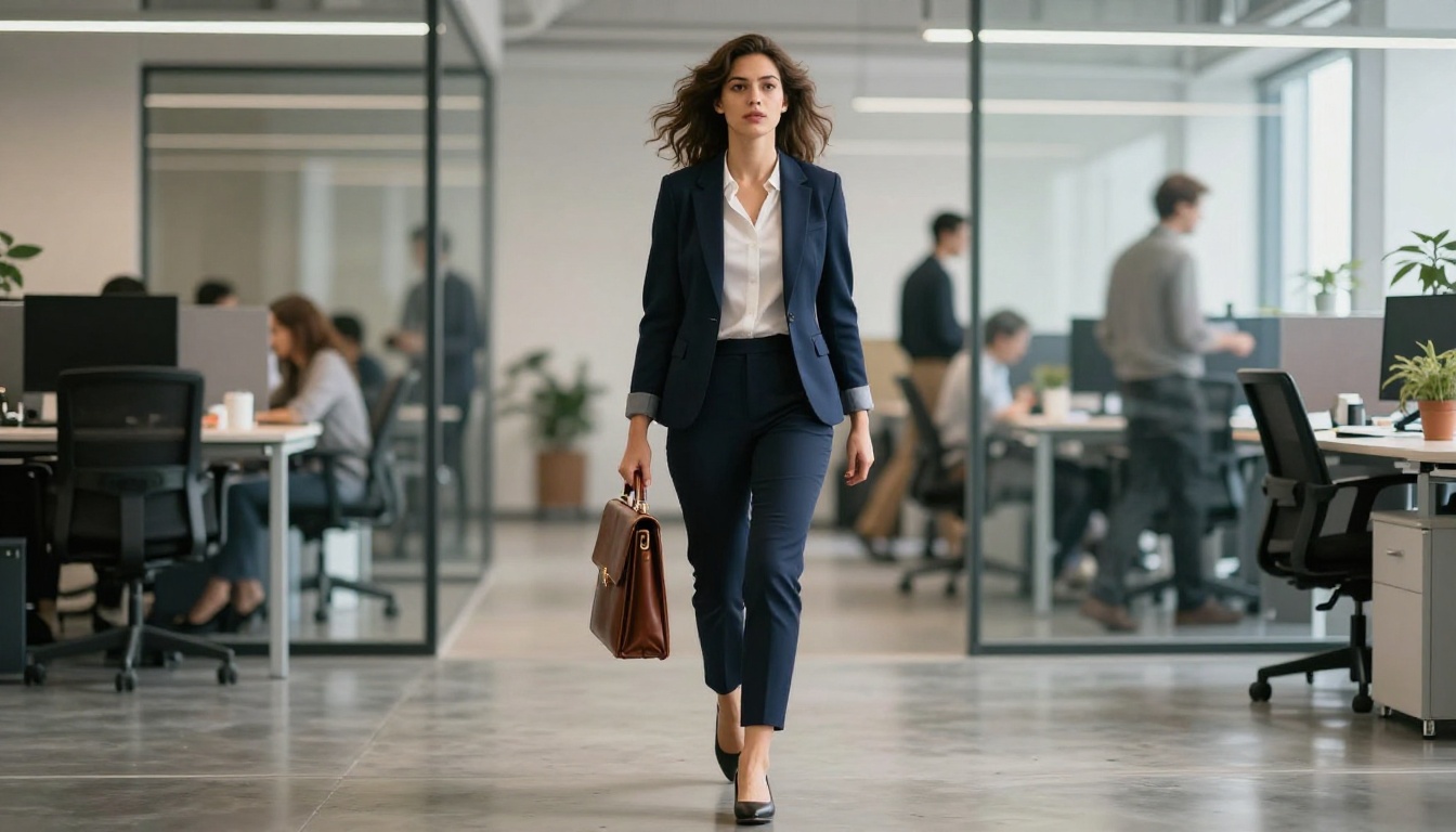 Dynamic action photograph of a woman striding confidently through an open-plan office with natural walking posture