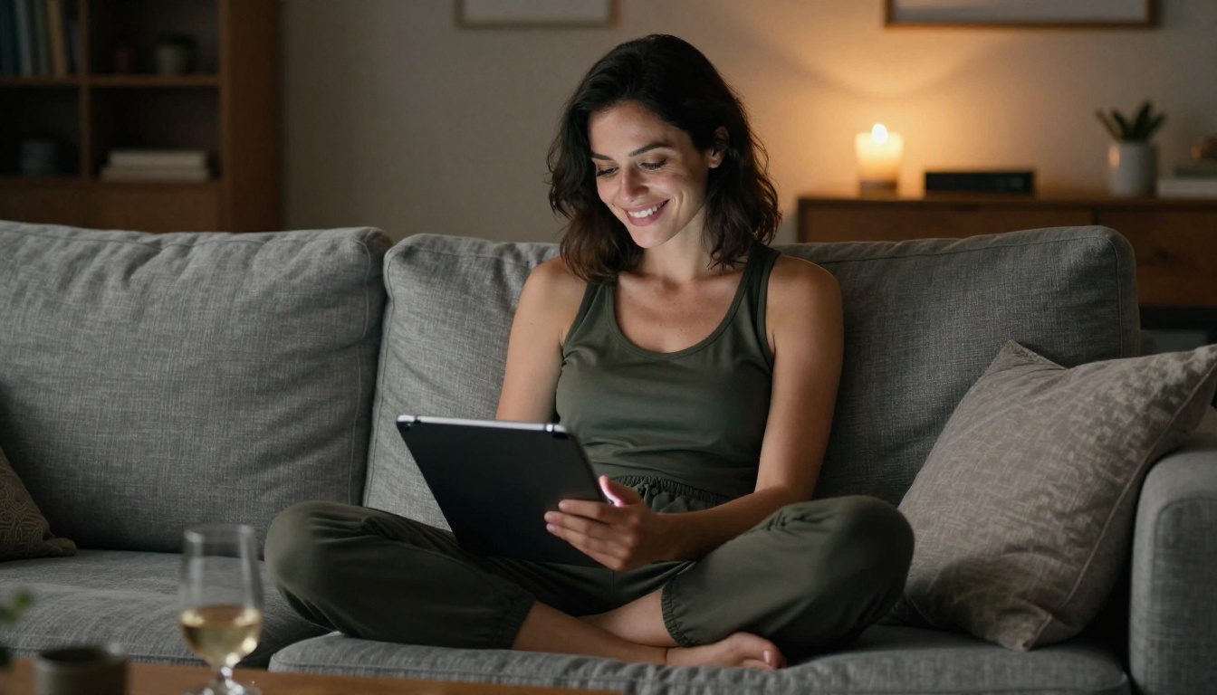 Woman sitting cross-legged on grey sofa smiling warmly at tablet in soft evening apartment light