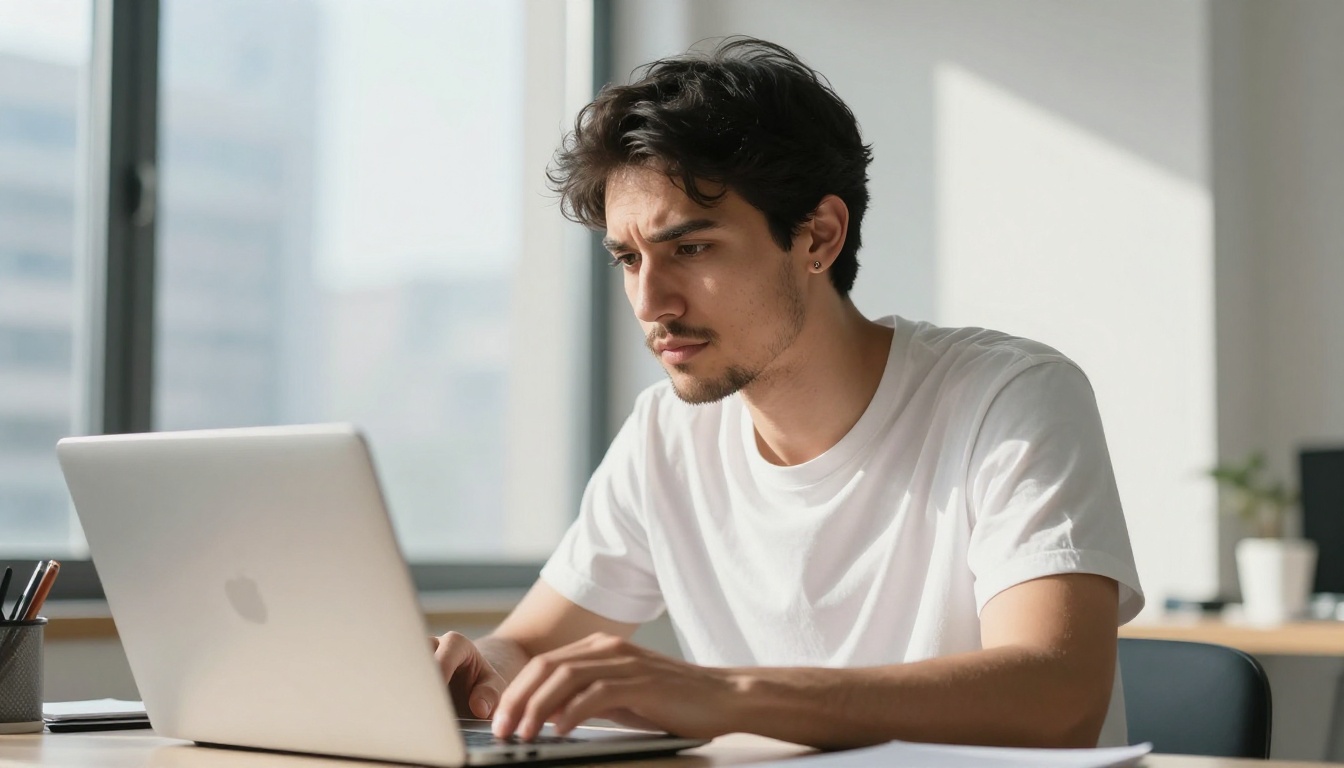 Man at minimalist standing desk focused on laptop screen, morning directional light from tall window