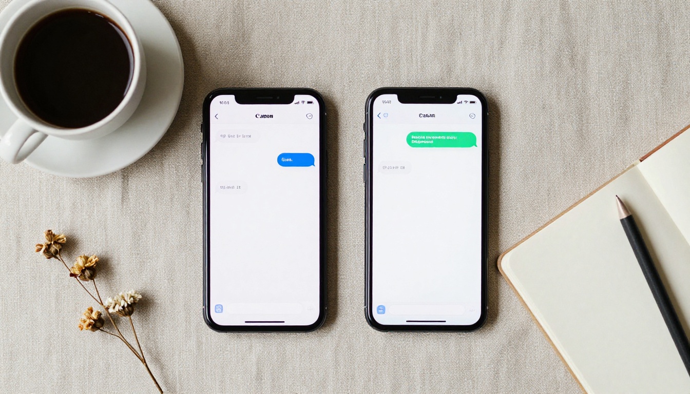 Aerial overhead flat-lay of two smartphones on linen with chat bubbles, white coffee cup and dried flowers surrounding them