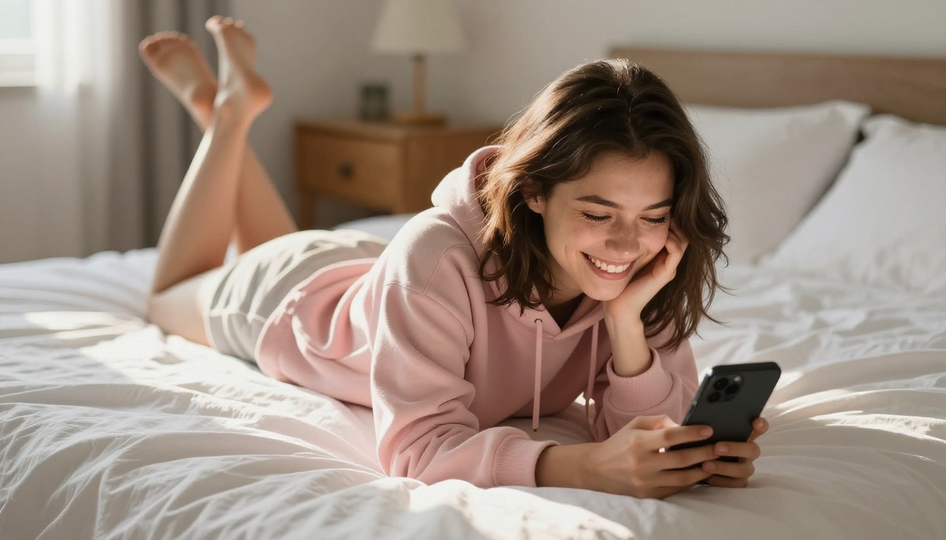 Young woman lying on her stomach on a white bed laughing at her phone, warm afternoon sunlight across the bedding