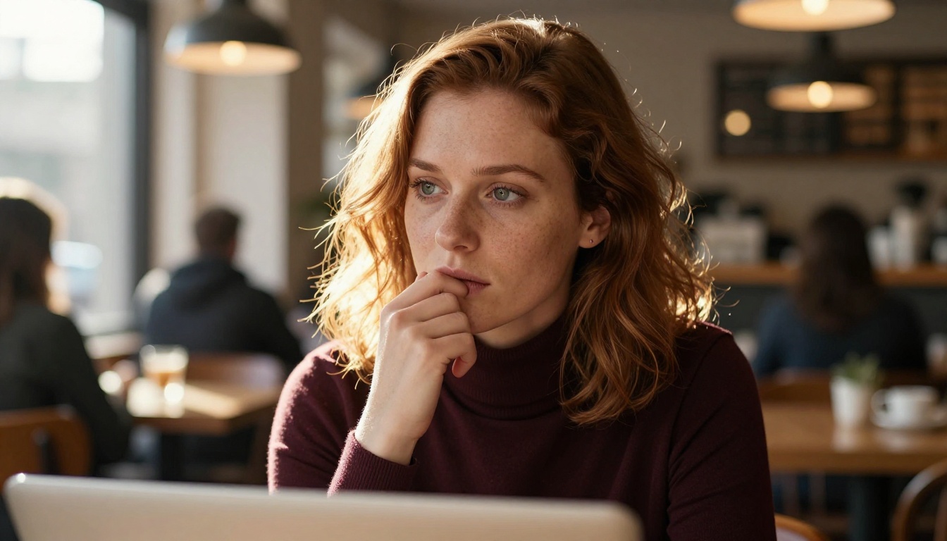 Woman at coffee shop table, pensive expression looking away from laptop, warm afternoon backlight through window