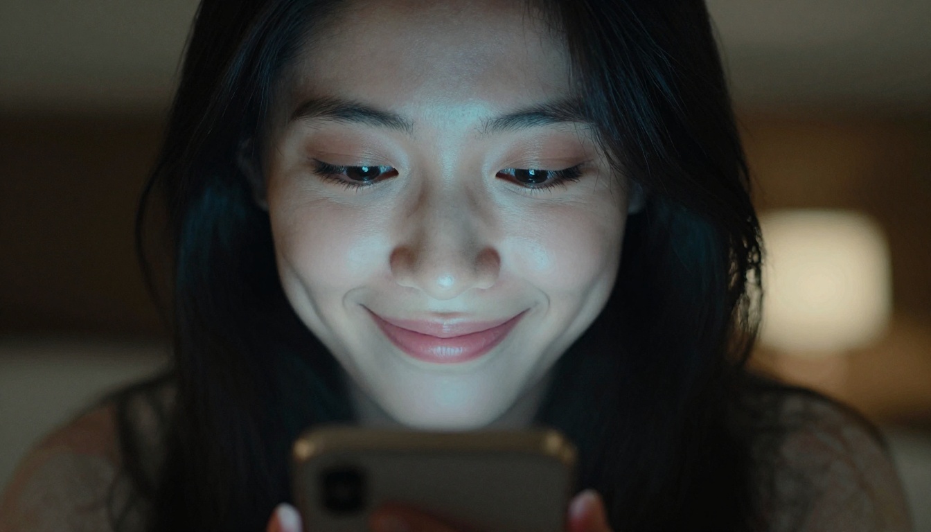 Woman smiling softly at her phone screen in a warmly lit apartment