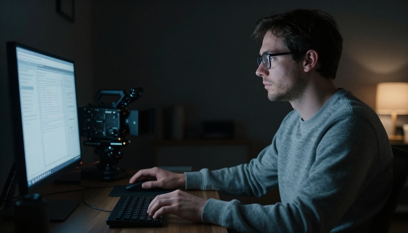 Man in dark home office at night, face lit only by monitor glow, contemplative side profile