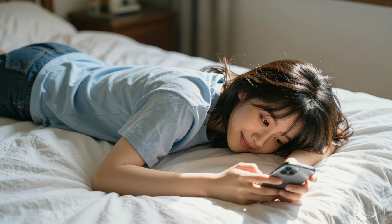 Young woman lying on bed typing on phone with soft morning light