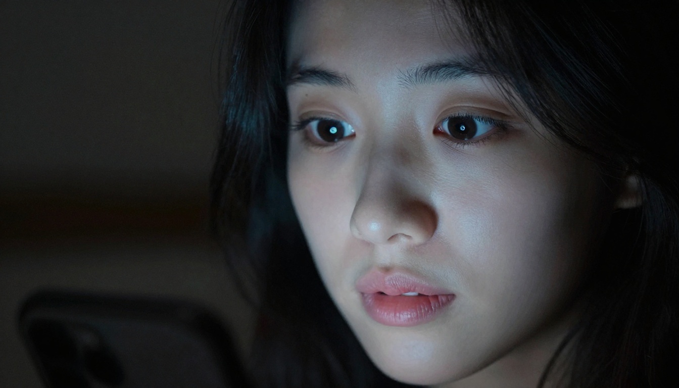 Close-up of a woman's face illuminated only by phone screen glow in a dark bedroom, expression of warmth and surprise