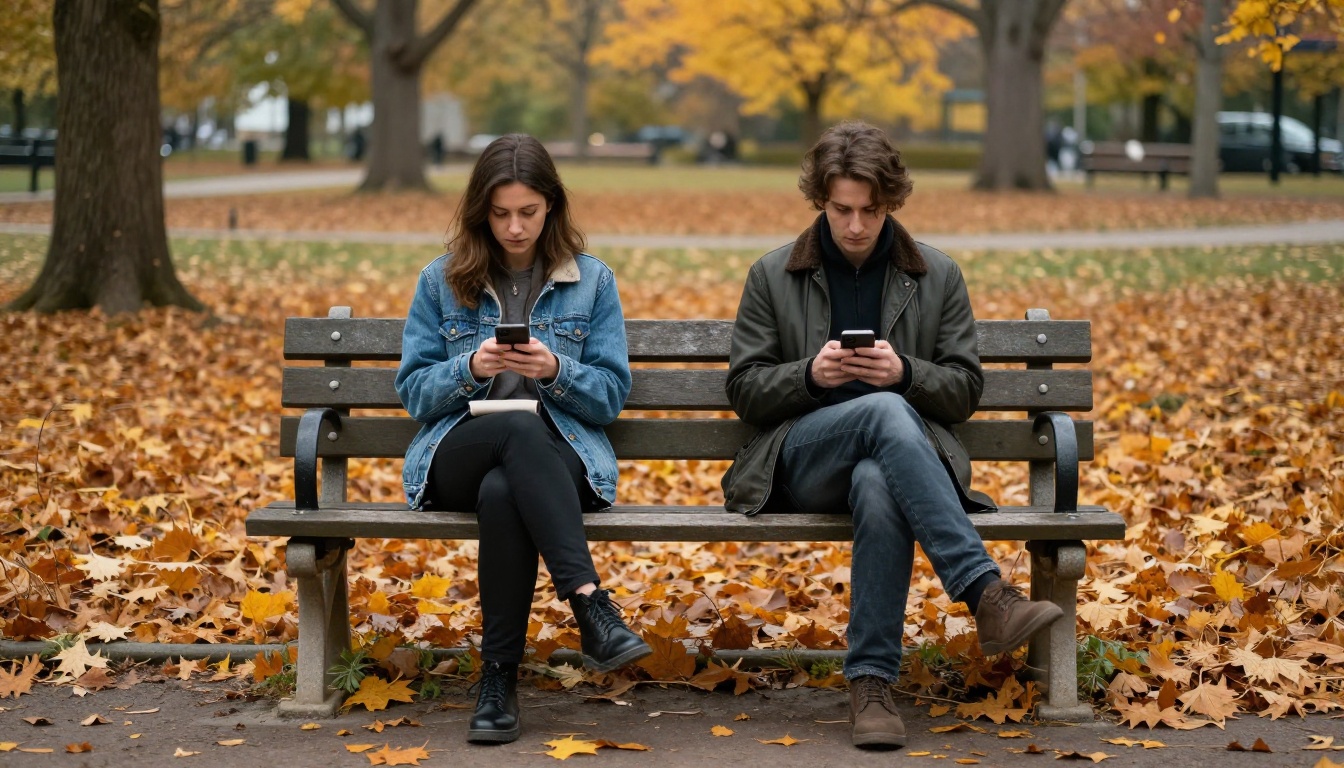 Two people sitting apart on a park bench in autumn, each looking at their phone, fallen leaves around their feet