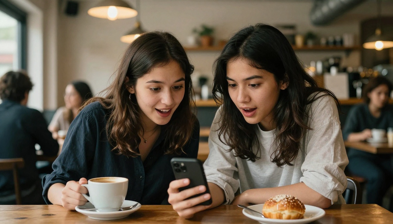 Two women at a café looking at a phone together with excitement
