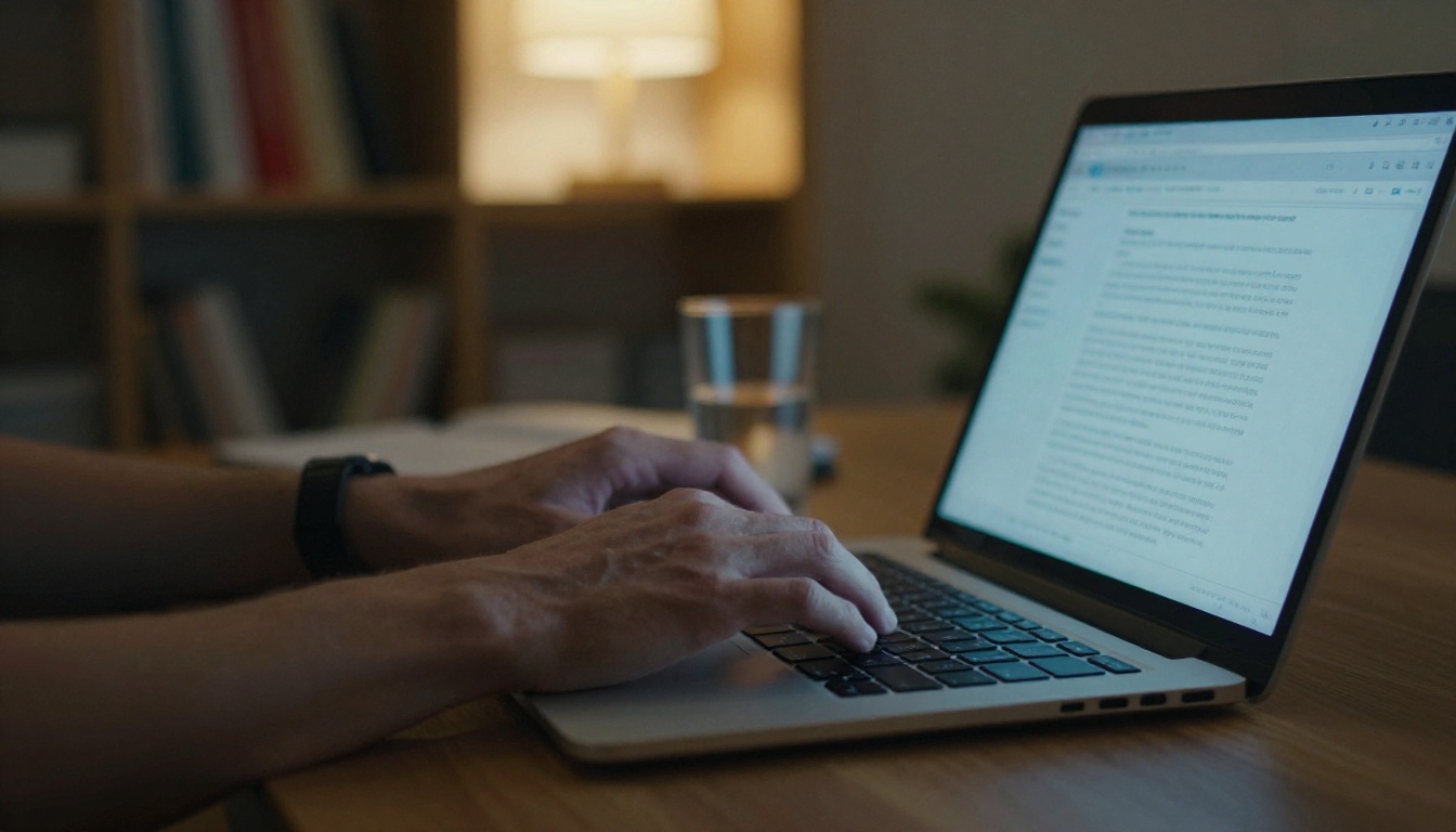 Person's hands typing on a laptop with blue screen glow in a dark room