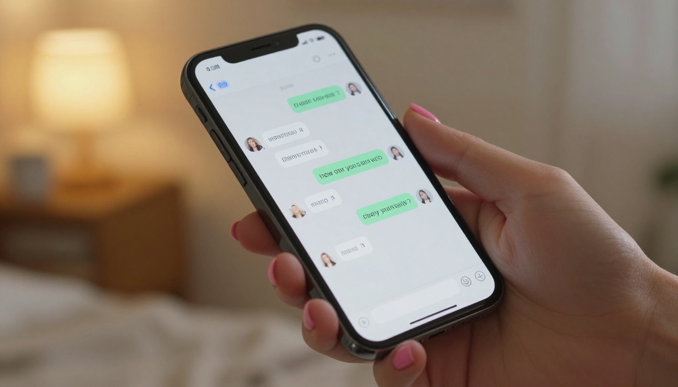 Woman holding phone showing a chat conversation with warm messages