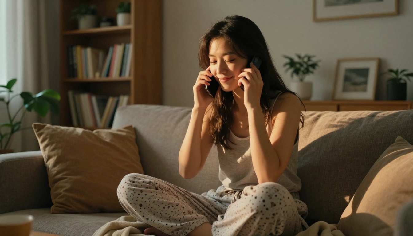 Young woman sitting cross-legged on a couch at night smiling at phone