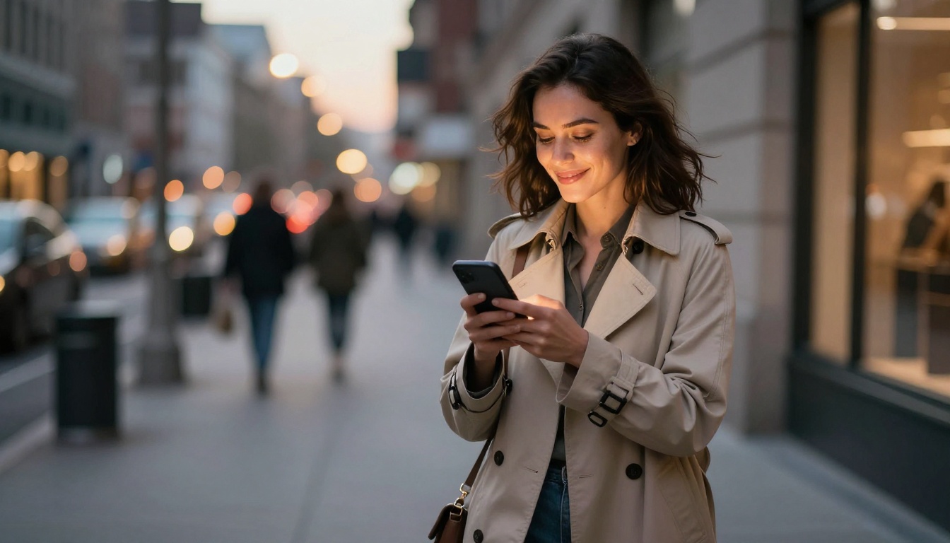 Woman walking along a city sidewalk at dusk holding her phone