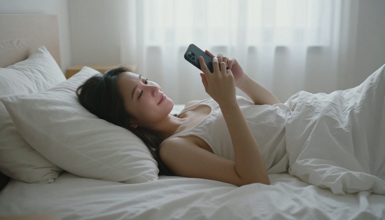 Young woman in bed in the early morning smiling at her phone