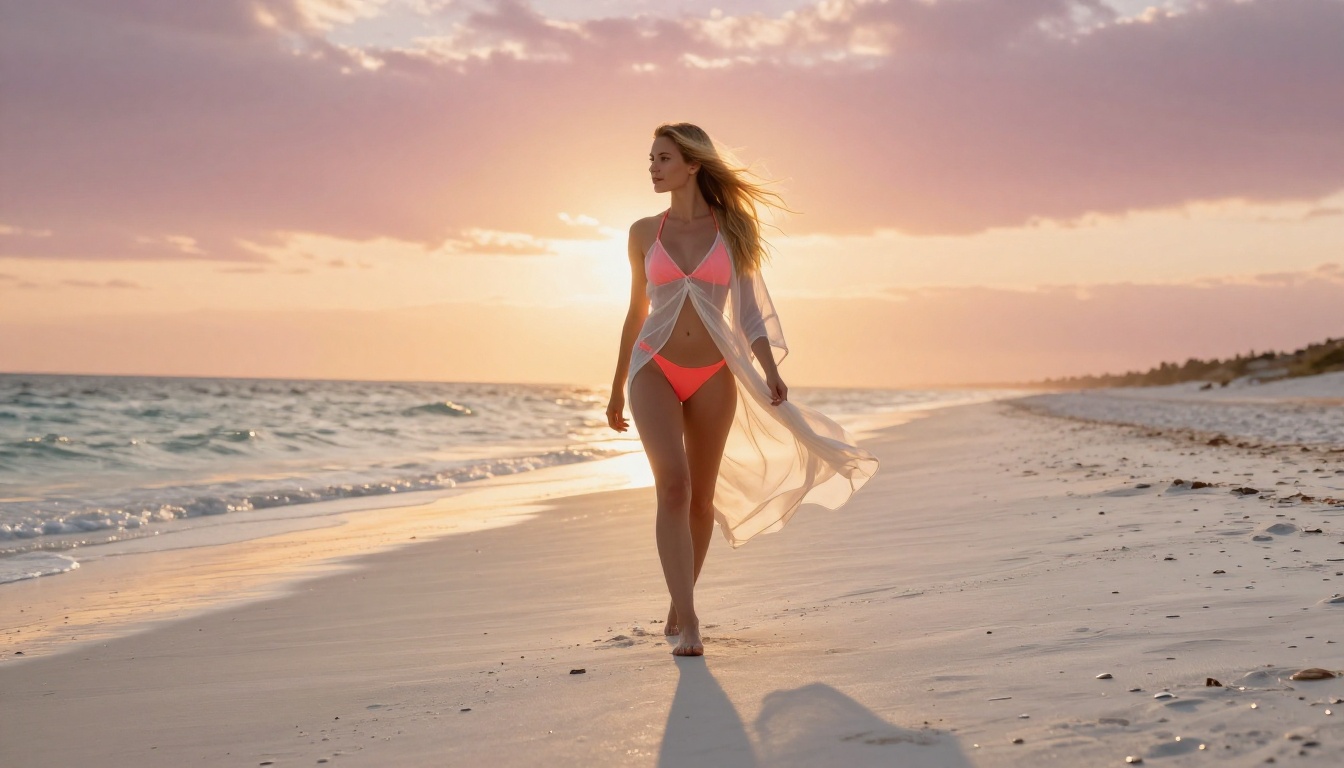 Elegant woman in coral bikini and sheer cover-up walking barefoot along a white sand beach at golden hour, long blond hair streaming behind her