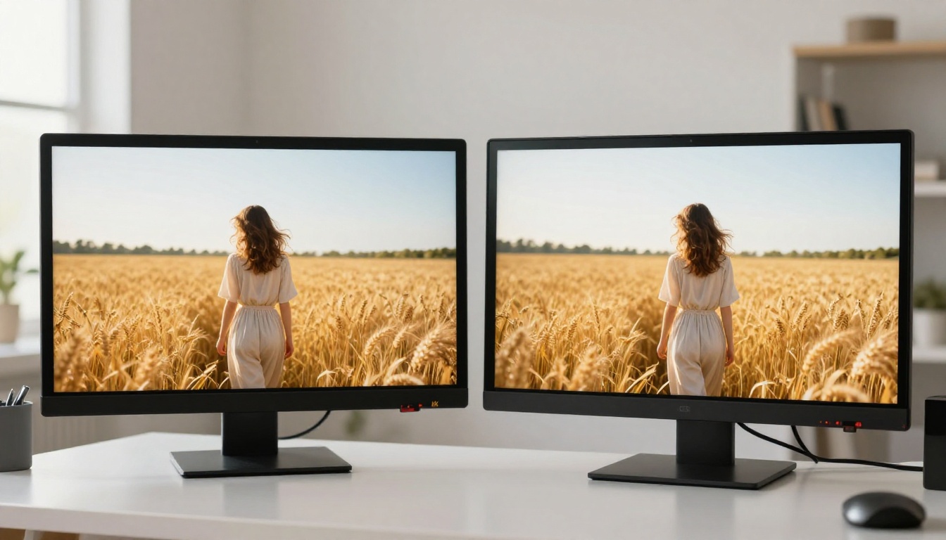 Side-by-side monitor comparison of AI video frames