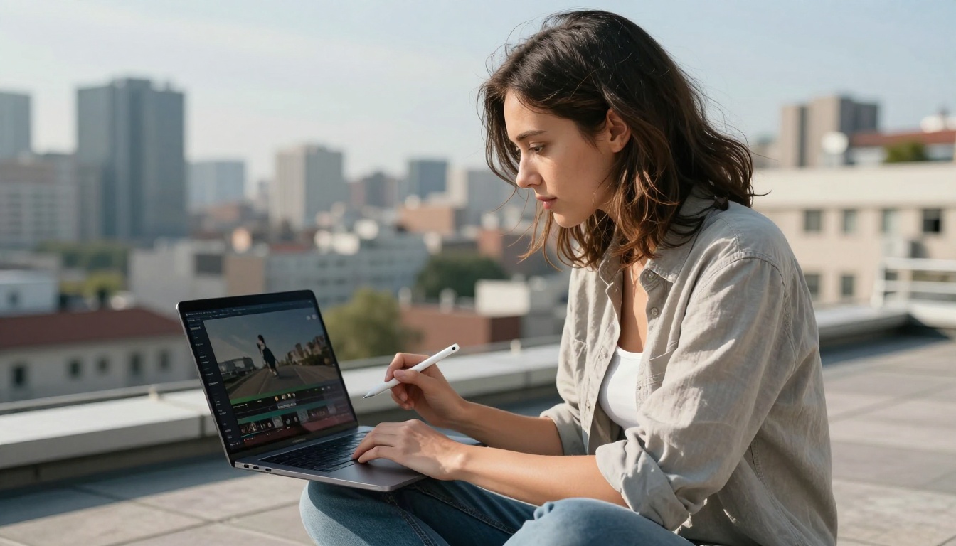 Creative professional reviewing video on laptop outdoors