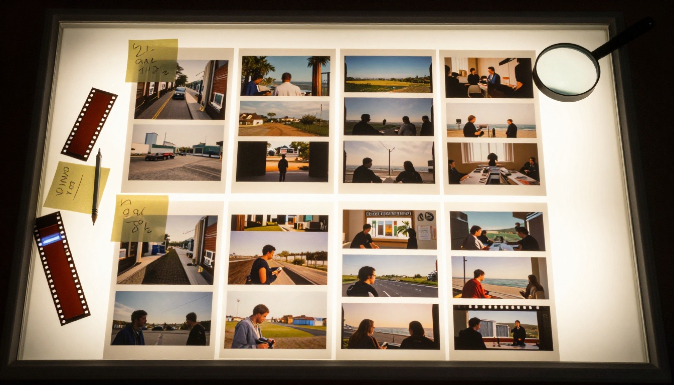 Overhead flat-lay of printed video frame comparisons on light table