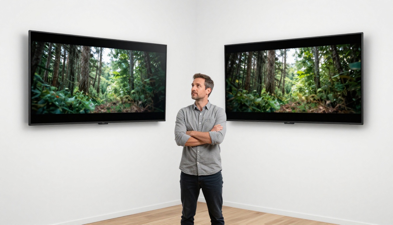 Male producer studying dual wall-mounted video displays