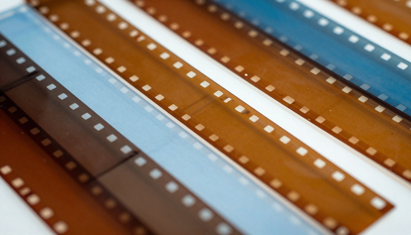 Abstract film strip layers on a backlit light box