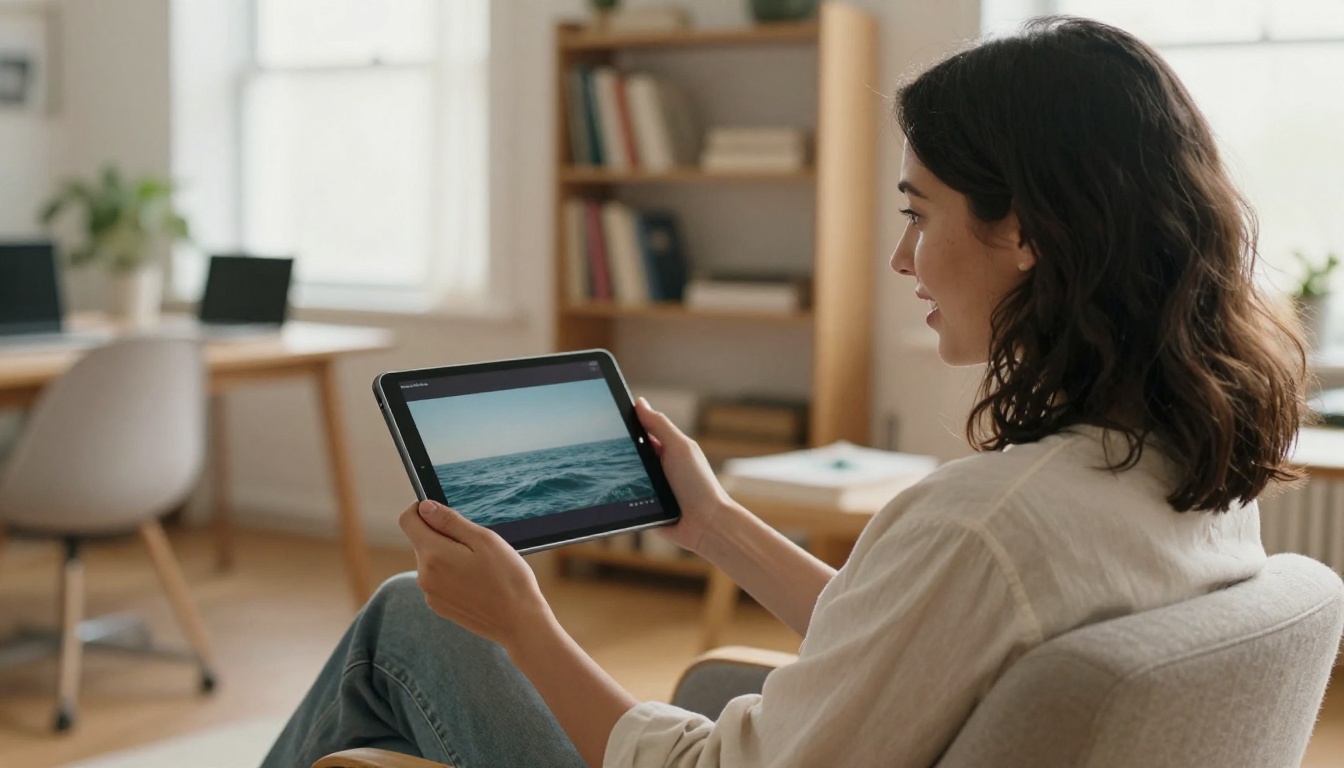 Woman delighted by AI-generated video content on tablet