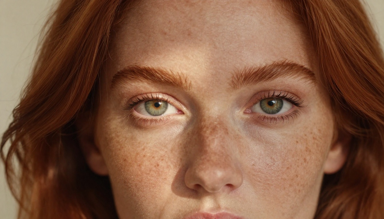 A stunning close-up portrait of a redhead woman with natural freckles and Rembrandt lighting