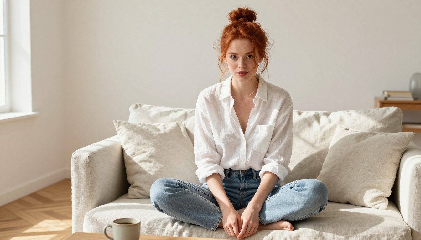 A gorgeous redhead woman sitting cross-legged on a linen sofa in a bright Scandinavian living room