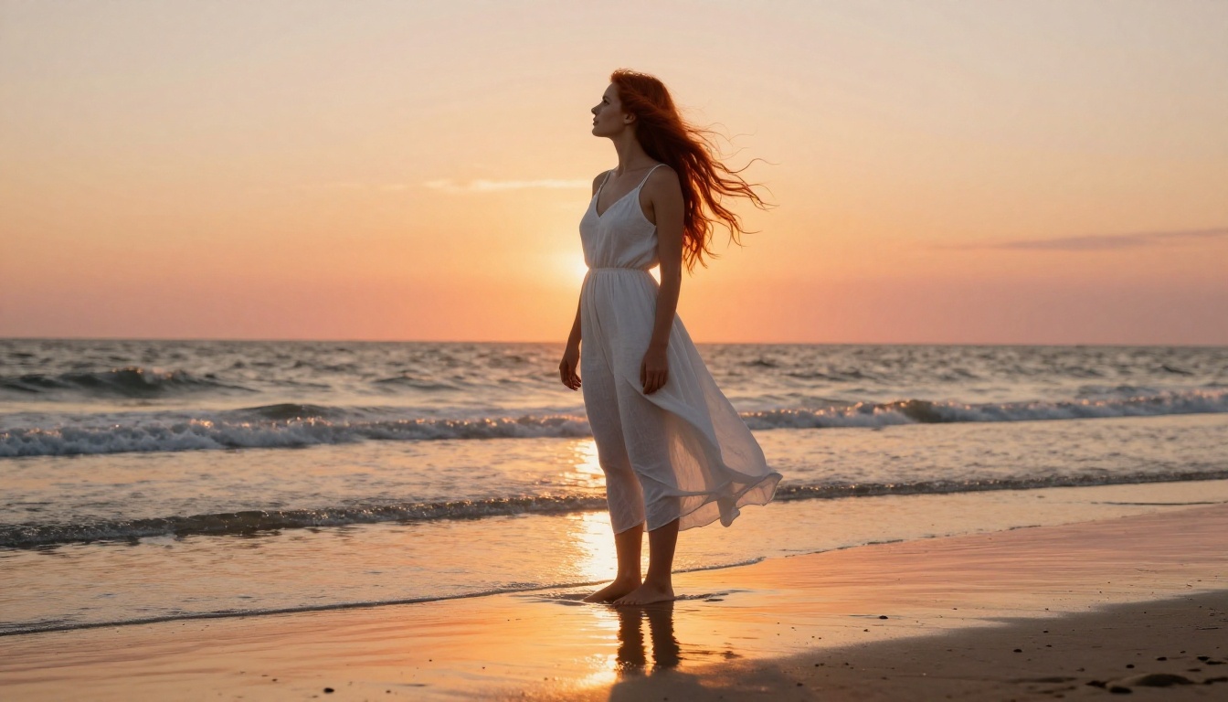 A beautiful redhead woman on a beach at golden hour, copper hair catching the sunset light