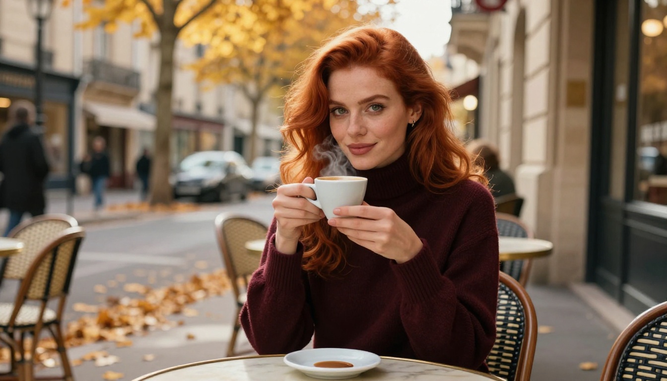 A beautiful redhead woman at a Parisian sidewalk cafe in autumn afternoon light