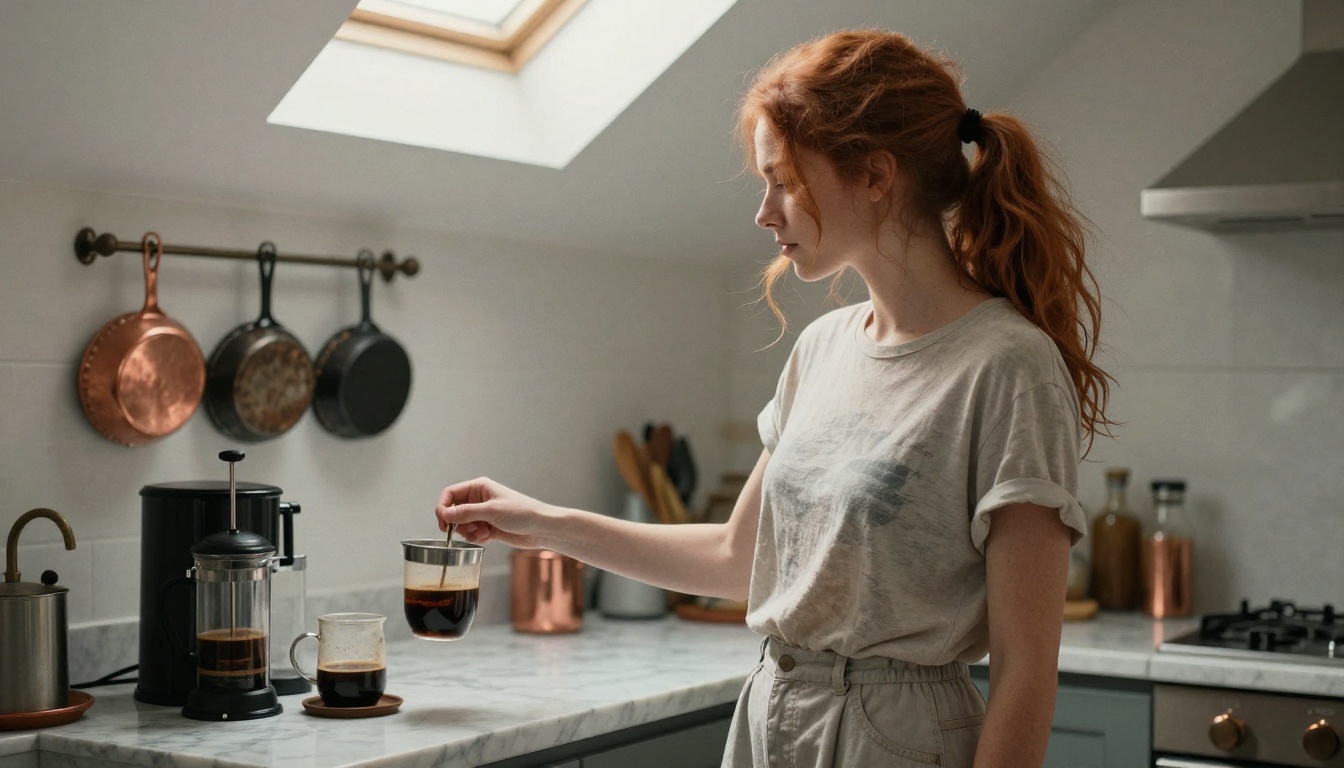 A stunning redhead woman making coffee in a modern kitchen, natural light