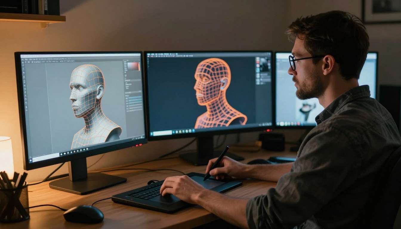 3D artist working at an ultrawide monitor workstation with a mesh wireframe visible on screen