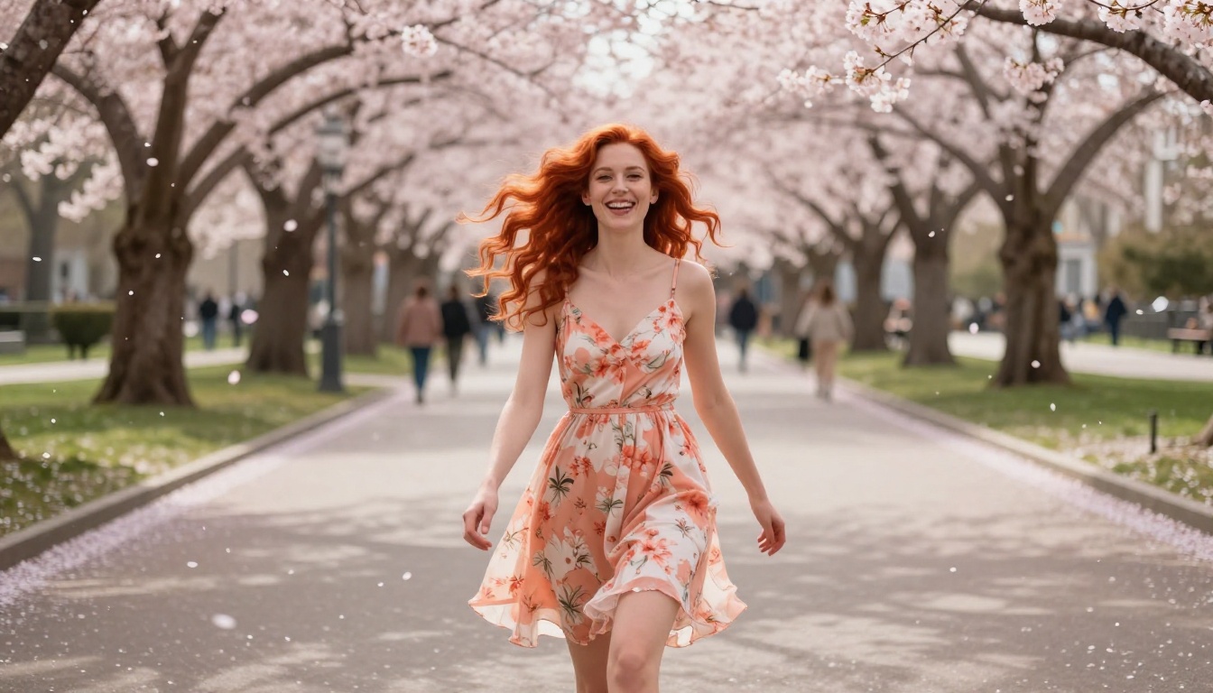 A beautiful redhead woman laughing in a cherry blossom park in spring
