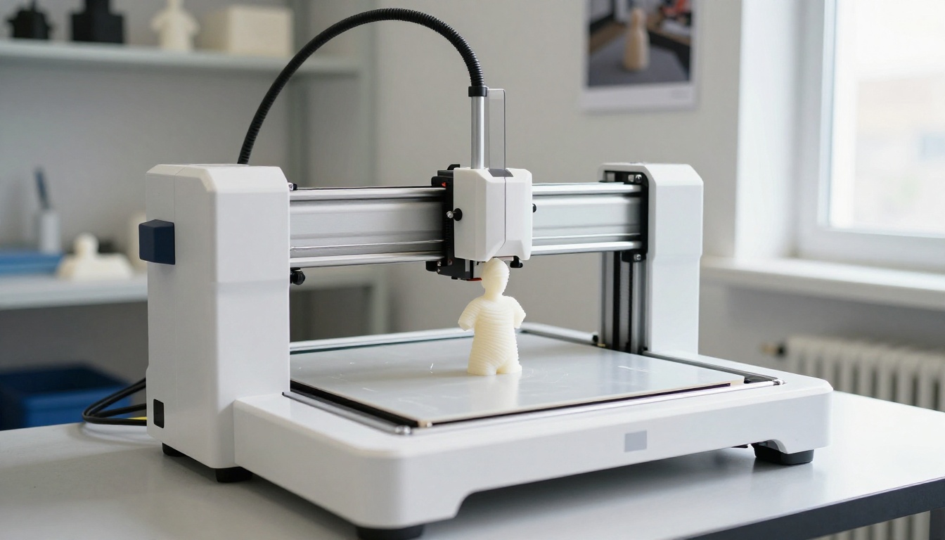 A 3D printer in a modern workshop printing a detailed figurine, with a reference photograph pinned to the wall beside it