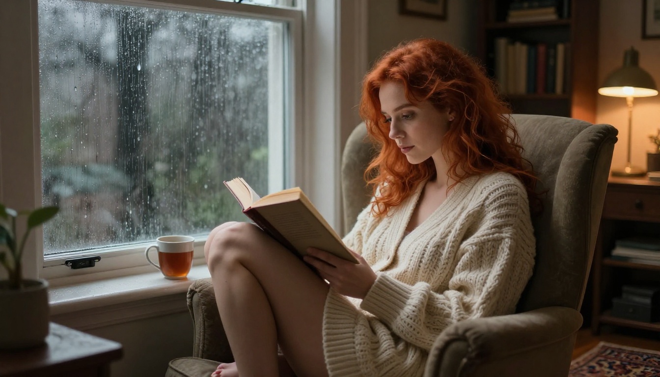 A beautiful redhead woman curled in an armchair reading on a rainy afternoon