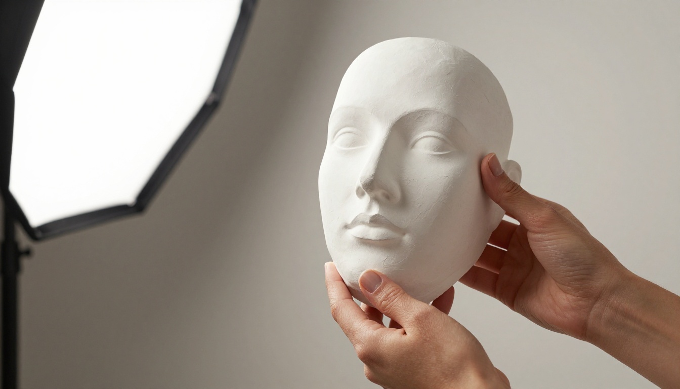 Two hands holding a white plaster face cast showing the three-dimensional surface structure needed for mesh reconstruction