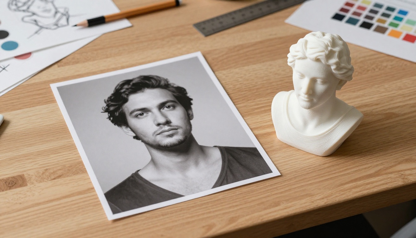 Aerial flat-lay view of a portrait photograph and its 3D-printed bust placed side by side on a wood desk
