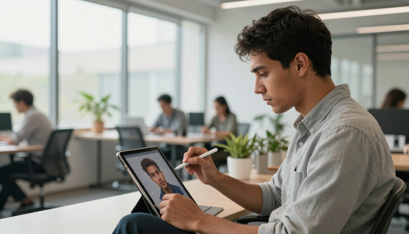 Young man reviewing an AI-generated portrait on a tablet before submitting it for 3D conversion