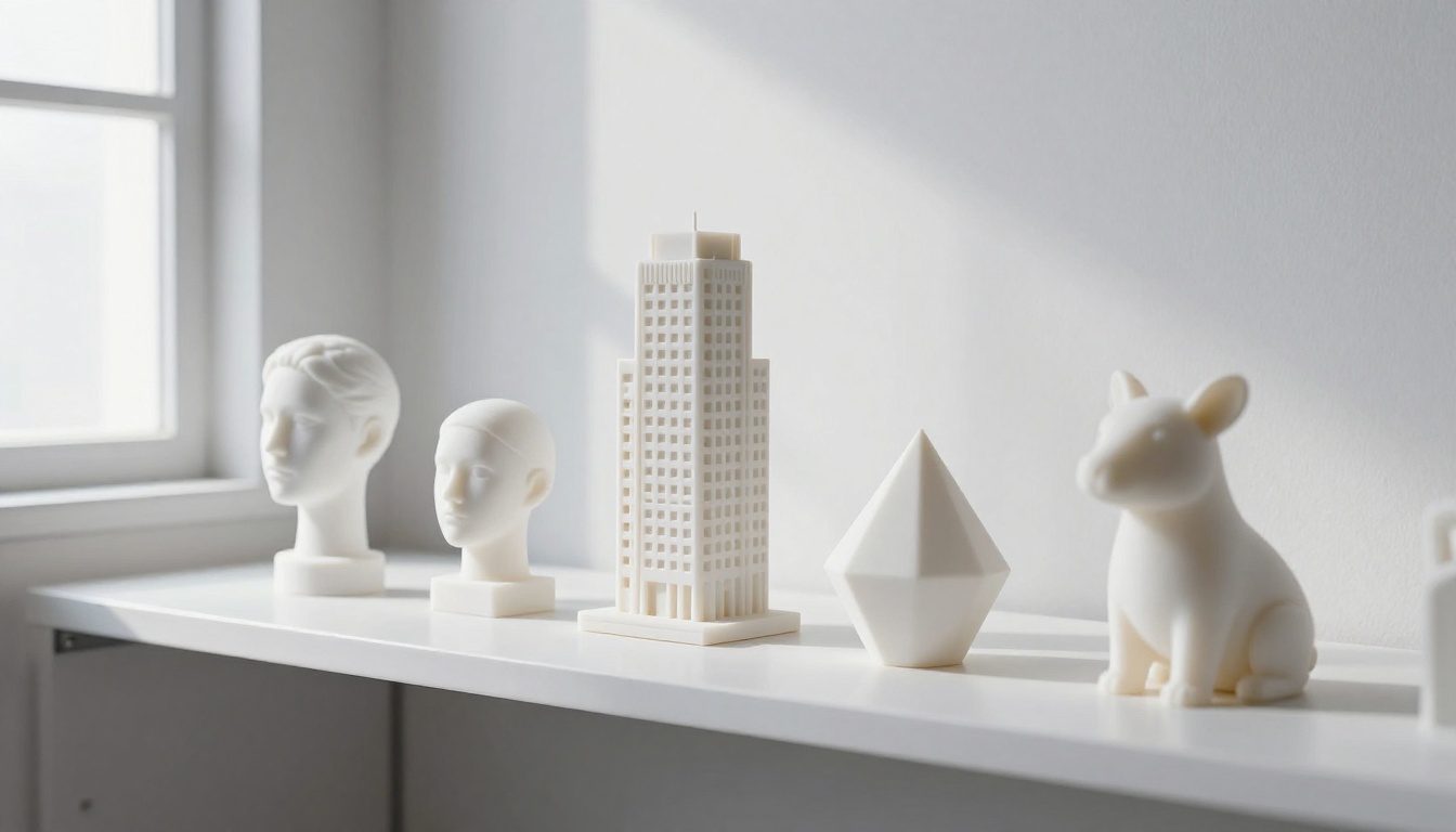 Multiple 3D-printed objects displayed on a clean white shelf in a bright modern studio