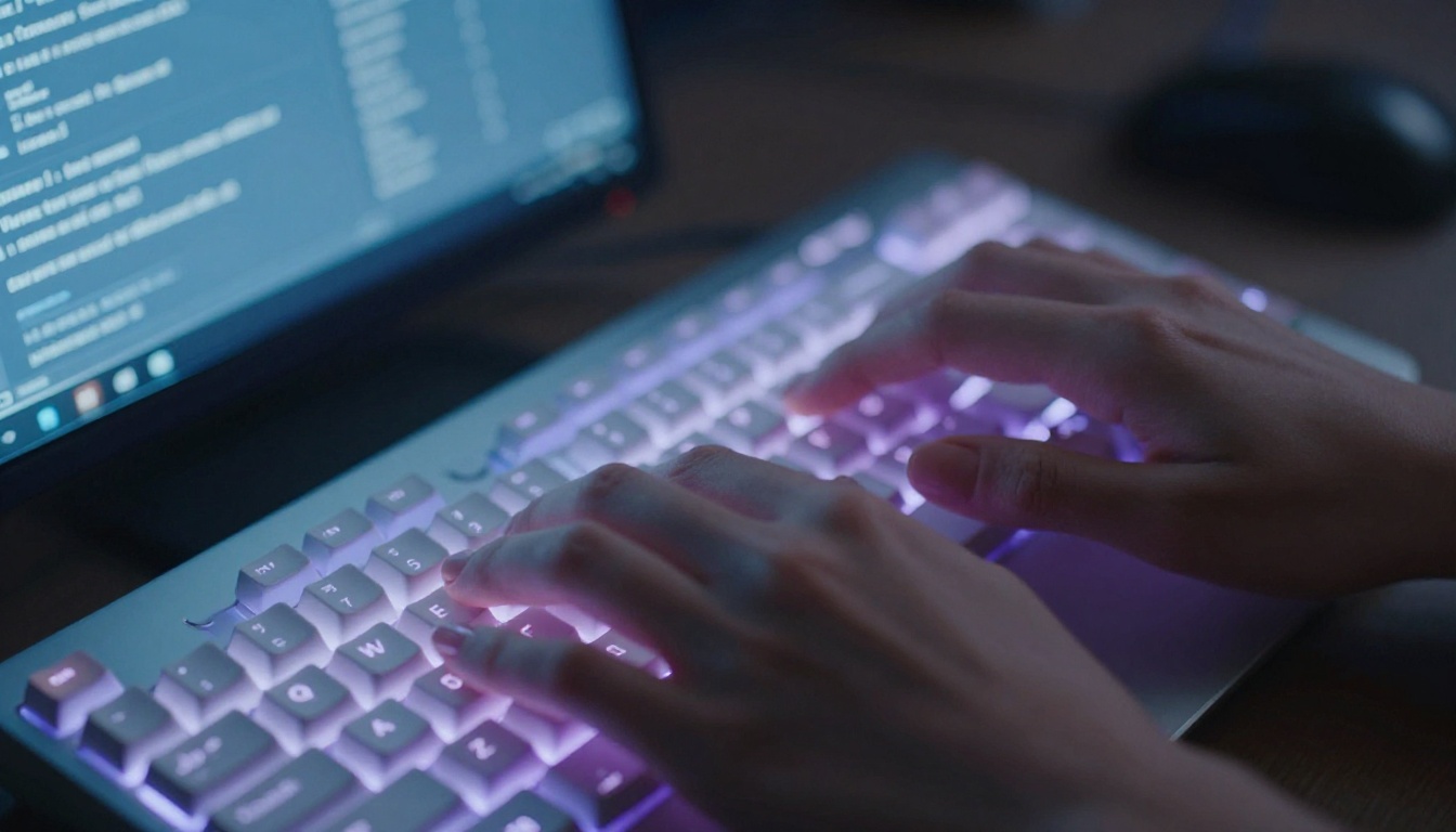 Hands typing on keyboard with screen glow