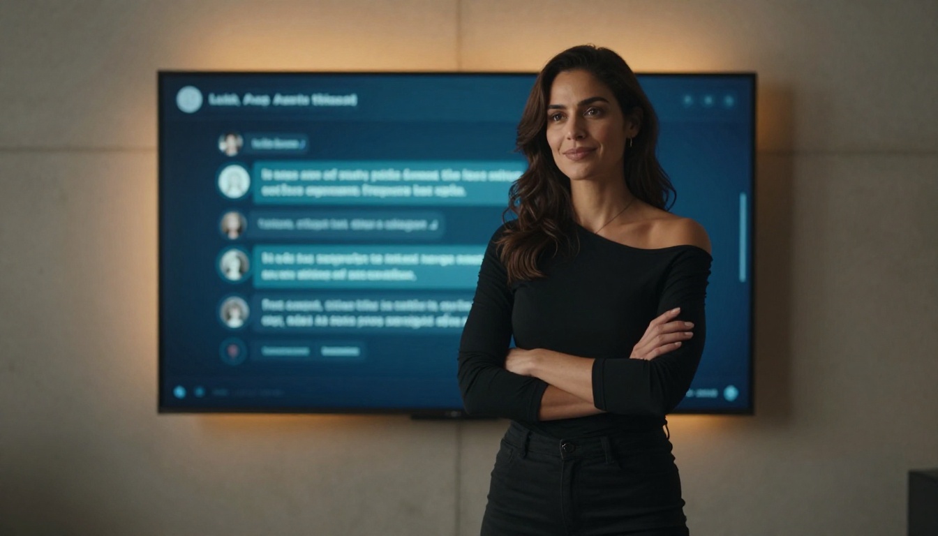 Woman with monitor showing AI interface