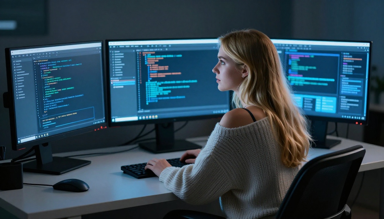 Woman with multi-screen setup, blue glow